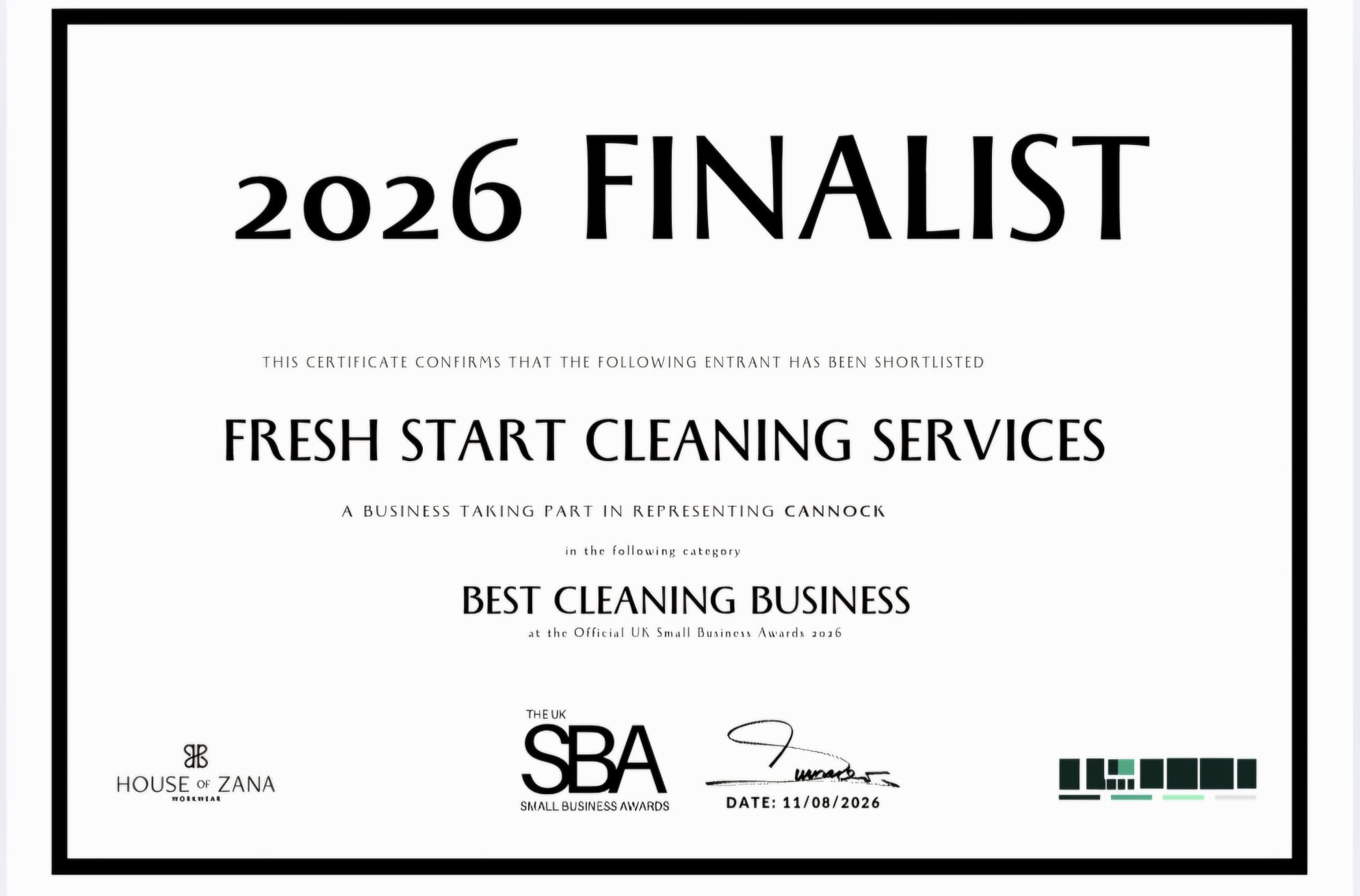 Certificate confirming Fresh Start Cleaning Services as a 2026 finalist for Best Cleaning Business at the UK Small Business Awards